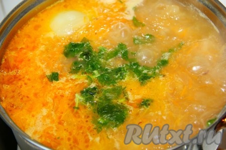 В бульон добавить квашеную капусту, зажарку и необходимые специи. За пару минут до готовности добавить в кастрюлю с кислыми щами выдавленный чеснок и зелень.
