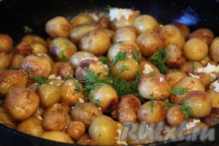 Высыпать укроп и чеснок на молодую картошку, не перемешивая, чтобы наш чеснок не пригорел. Добавить 2-3 столовых ложки холодной воды и закрыть сковороду крышкой, чтобы картофель пропарился и пропитался запахом чеснока. Таким образом, не перемешивая, держим на огне минут 5.&nbsp;