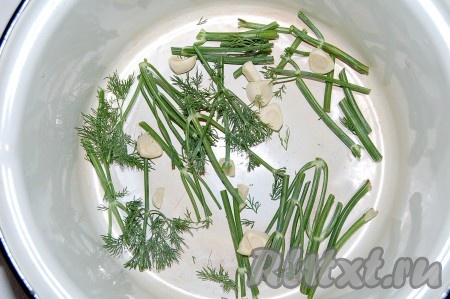 Взять кастрюлю (эмалированную или стеклянную), выложить дно укропом и разрезанными дольками чеснока.