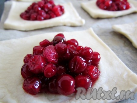 Выложите начинку в середину каждого прямоугольника из теста.