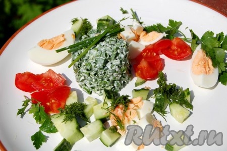 Яйцо отварить вкрутую, очистить, нарезать и выложить рядом с зеленым луком. Помидоры и огурцы также нарезать и выложить рядом. Добавить укроп и петрушку.
