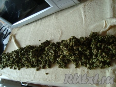 Отступив от края примерно 5 см, выложить начинку полосой шириной примерно 4-5 см.