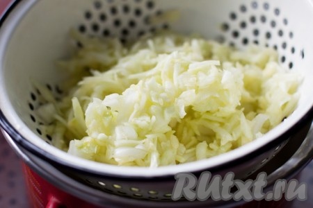 Перемешать массу из кабачка и лука, немного посолить и слегка отжать руками, выложив массу в дуршлаг и поставив на кастрюльку стекать лишний сок (минут на 20). Снова переложить массу в миску.
