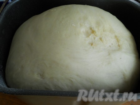 Загружаем все ингредиенты в ведерко хлебопечки. Выставляем режим "тесто". По окончании замеса тесто очень хорошо поднимается.
