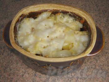 Если не любите сыр, то можно просто смазать картошку сверху майонезом или обойтись и без него (многие так любят). Не забываем накрыть горшочки крышечками, ставим в духовку на 60 минут при температуре 180 градусов. Вот какая получилась запеченная картошка с мясом и сыром.