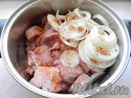 Свинину нарезать на кусочки размером примерно 5 сантиметров на 5 сантиметров. Лук очистить и нарезать кольцами. Смешать в кастрюле мясо с луком, стараясь при перемешивании хорошо мять лук руками, чтобы он выделил сок. Посолить и добавить любимые специи для мяса, перемешать. В качестве специй я положила 1 столовую ложку смеси специй "Для шашлыка" (кориандр, паприка, кумин, красный перец, базилик).