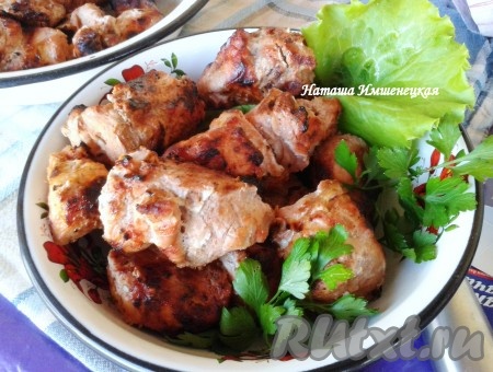 Аппетитный, вкусный шашлык из свинины к столу подавать в горячем виде. Мясо, замаринованное в томатном соке, получается сочным, нежным. При подаче его можно дополнить зеленью, свежими овощами и любимыми соусами.