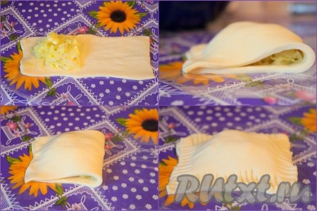 Тесто разморозить. На рабочую поверхность (при необходимости) добавить муку. Выложить тесто, разрезать на небольшие прямоугольники (размер прямоугольников зависит от желаемого размера пирожков). На один край выложить капустную начинку, свернуть "конвертик" пополам и обработать края вилкой, плотно прижимая её к слоеному тесту. Таким образом сформовать все остальные пирожки-конвертики.
