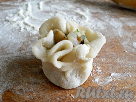 Каждую лепешку раскатать немного скалкой (лепешка должна быть тонкой). Выкладывать на каждую по 1 столовой ложке подготовленного фарша. Сформировать пельмени, поднимая края лепешки вверх и защипывая их. Должно получиться что-то типа "мешочка".
