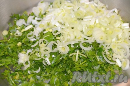 Лук порей порезать колечками и добавить к зелени.
