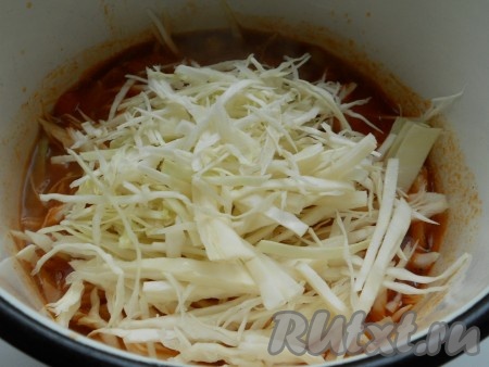 Поставить кастрюлю на огонь. Довести до кипения, тушить на небольшом огне 10-15 минут. Затем, добавить нашинкованную капусту. Перемешать, готовить еще 10 минут.
