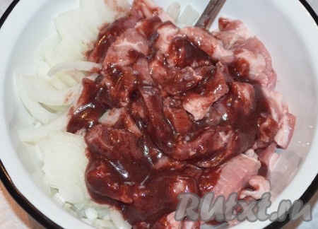 Перемешать маринад, мясо и лук. Оставить на 2 часа не в холодильнике.