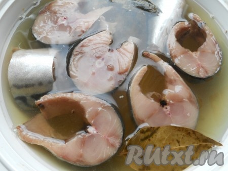 В остывший рассол поместить кусочки скумбрии (рыба должна быть полностью покрыта рассолом). Накрыть крышкой и оставить на 2 часа при комнатной температуре. Когда я солю скумбрию весом менее 500 грамм, на её просаливание хватает и 1,5 часов.