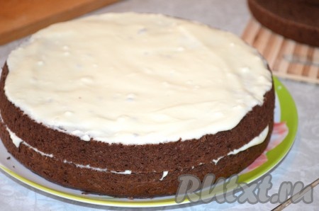 Подождать 5 минут, чтобы крем немного впитался в бисквит. А затем сложить друг на друга два коржа.