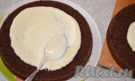 Для приготовления творожного крема тщательно перемешать творог, сметану и сахар до однородности. Если у вас творог с крупинками, то предварительно протрите его через сито. Нижний и средний коржи шоколадного торта смазать творожным кремом.