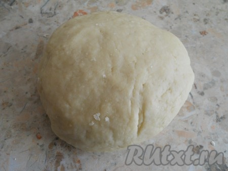 Выложить горячее тесто на присыпанную немного мукой рабочую поверхность. Дать остыть минуты 2-3 и руками вымесить тесто. Оно должно быть гладким и эластичным. Оставить тесто "отдыхать" на 20-30 минут, прикрыв пищевой пленкой.