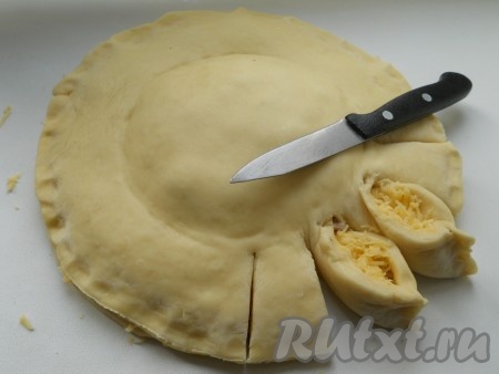 Накрыть второй лепешкой (лучше сразу собирать пирог на пергаментной бумаге или силиконовом коврике - будет проблематично перенести пирог на противень). Сделать ножом разрезы от фарша (как на фото) по всему кругу на расстоянии 3-4 см. Каждый лепесток вывернуть начинкой вверх, защипнув нижние края и боковые.