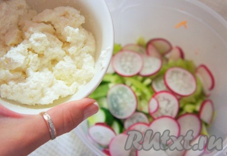 Творог размять вилкой, добавить в него сметану, соль, перемешать творожную смесь.