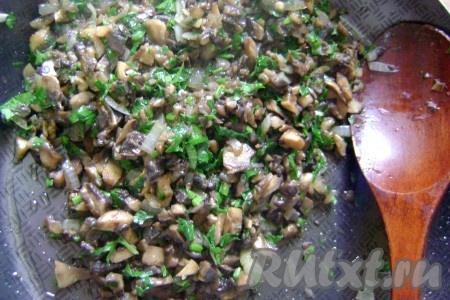 Обжаренные грибы посолить, поперчить, снять с огня, дать немного остыть, а затем добавить измельчённую зелень и перемешать грибную начинку.