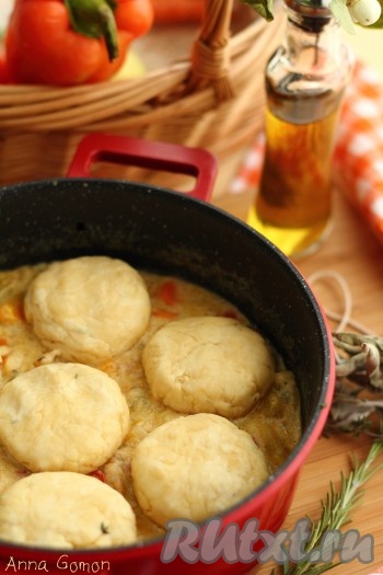 9. Сформовать из теста шарики размером с куриное яйцо, расплющить в лепешки и выложить на рагу.
