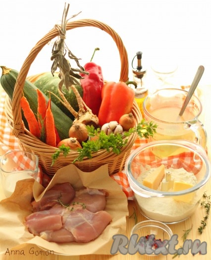 Ингредиенты для приготовления рагу из курицы с овощами и сырными булочками