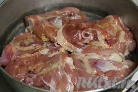 На дно формы, либо сковороды выложить одну порезанную полукольцами луковицу. На лук выложить кусочки курицы, лицевой частью ко дну формы.
