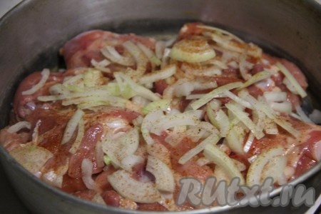 На мясо выложить вторую луковицу, посыпать его любимыми специями, а также солью.
