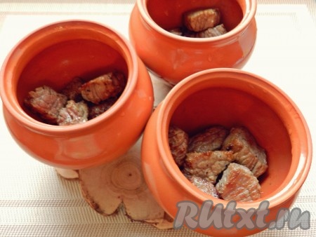 Обжаренное мясо разложить по горшочкам.