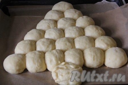 Тесто разделяем на маленькие булочки в виде шариков (у меня каждый шарик получился весом 65 грамм). Противень застилаем пергаментном и выкладываем на него наши круглые булочки, формируя ёлочку.