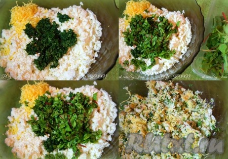 Приготовим начинку. Зелень вымыть, обсушить, мелко нарезать (к свежей зелени я добавила 3 шарика замороженного шпината, который немного разморозила и мелко нарезала). Сыры нужно натереть на тёрке в миску, добавить размятый вилкой творог, нарезанную зелень, тщательно перемешать.