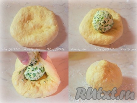 Из каждой порции теста скатать шар, затем тыльной стороной руки размять шар в небольшую лепешку. В центр лепешки положить "сырный шарик", собрать тесто вокруг начинки, чтобы она оказалась внутри и плотно защипнуть тесто сверху. Получится "клубочек".&nbsp;