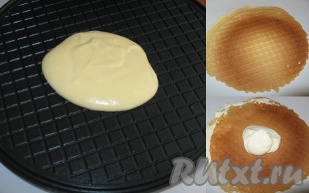 Затем начинаем выпечку вафельных коржей и сразу собираем торт, пока коржи горячие: испечь один корж в вафельнице, положить его на блюдо, смазать кремом, затем накрыть его вторым горячим коржом (прямо с вафельницы - не ждать ни минуты), аккуратно придавить, смазать кремом - так собрать весь торт "Наслаждение" (оставить 2-3 вафельки для обсыпки торта).
