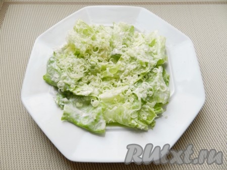 Выложить заправленный салат айсберг на тарелку, присыпать натертым на терке сыром.