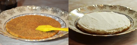 На подготовленное блюдо выложить корж, и пропитать его кофейно ликерной смесью (около одной трети смеси). Выложить часть крема и равномерно распределить его по коржу.