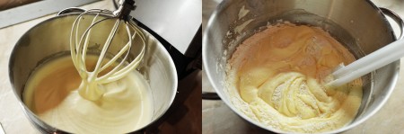 Нагрейте духовку до 180 градусов. Смажьте и постелите промасленную пергаментную бумагу на дно формы со съемным бортом диаметром 22 см. Яйца и сахарную пудру взбейте до крепкой белой консистенции, чтобы при отрыве от венчика на поверхности оставался след, который бы не растекался. Просейте вместе пшеничную и кукурузную муку. Осторожно положите в емкость к яйцам половину муки и половину растопленного масла, аккуратно перемешайте. Повторите эту процедуру с оставшимися мукой и маслом. Старайтесь добавлять ингредиенты аккуратно, чтобы максимально сохранить воздух.
