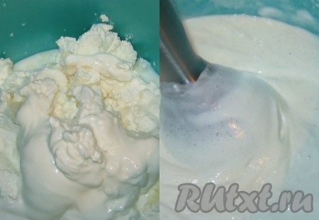 В глубокой миске соединить творог, сметану, сахар, молоко и манку, пробить погружным блендером до однородности.