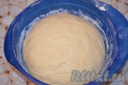 Вот так выглядит подошедшее дрожжевое тесто для наших ватрушек. Выложить его на стол, обмять.
