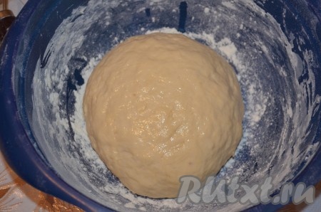 Скатать в шар, смазать маслом и убрать в миске в теплое место на 2 часа.