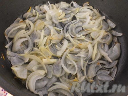 Лук очистить, нарезать на тонкие полукольца, выложить в сковороду, разогретую с растительным маслом. Обжаривать лук на среднем огне до прозрачности, иногда помешивая.&nbsp;
