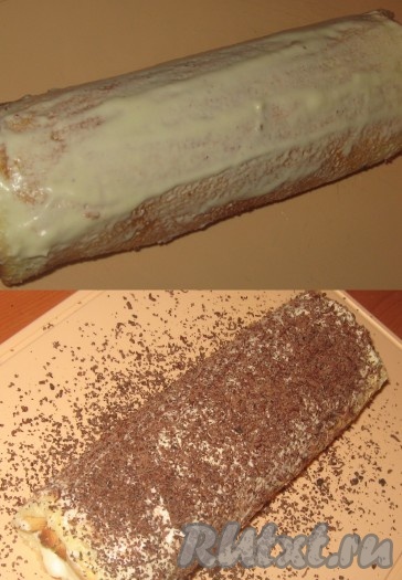 Затем бисквитный рулет с наивкуснейшей начинкой обмазать кремом и обсыпать тертым шоколадом (или молотыми орешками). Готовые рулеты положить на блюдо и убрать в холодильник на несколько часов.
