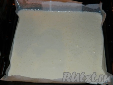 Застилаем противень бумагой для выпечки, смазываем маслом и выливаем тесто. Ставим в духовку минут на 15.