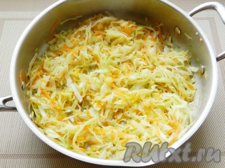 Лук и морковь очистить. Половину луковицы мелко нарезать, натереть на крупной тёрке морковь, выложить их на сковороду, уже прогретую с растительным маслом, и обжарить на среднем огне в течение 4-5 минут (до мягкости моркови), иногда помешивая. Затем добавить капусту и обжаривать овощи вместе 5 минут, периодически перемешивая.