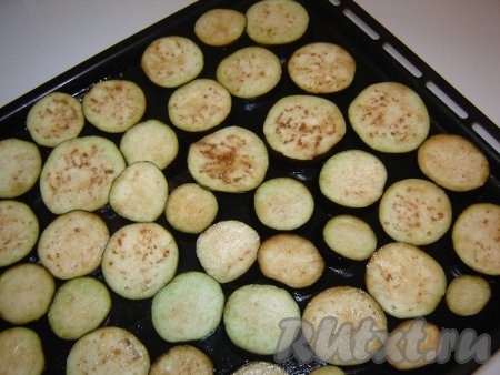 Помидоры и лук порезать кольцами. На противень, смазанный растительным маслом, разложить кружки баклажан.