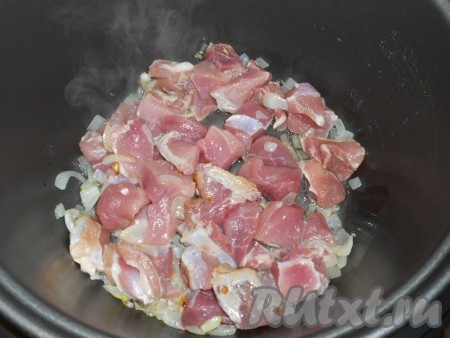 В чашу мультиварки влить растительное масло и выложить лук. Обжарить в режиме мультиварки "Поджаривание" в течение 6-7 минут. Добавить свинину и обжаривать на том же режиме еще 5-7 минут.
