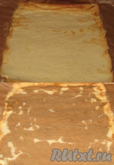 Бисквит развернуть, аккуратно отделить от пергамента, пропитать кофе.
