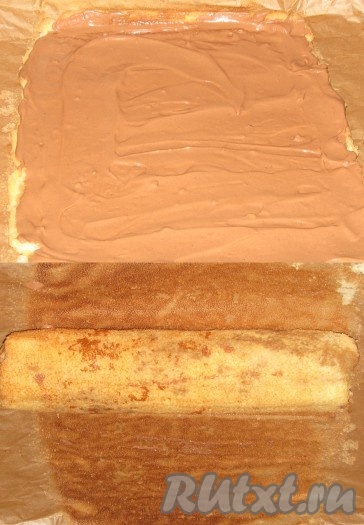 Смазать всю поверхность небольшим количеством крема (2-3 столовые ложки), свернуть рулетом, завернуть в пергамент и убрать в холодильник минимум на 1 час.
