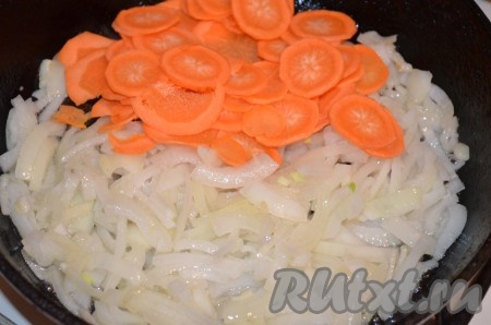 Порезать лук полукольцами, морковь тонко нашинковать. Обжарить в масле до золотистого цвета.