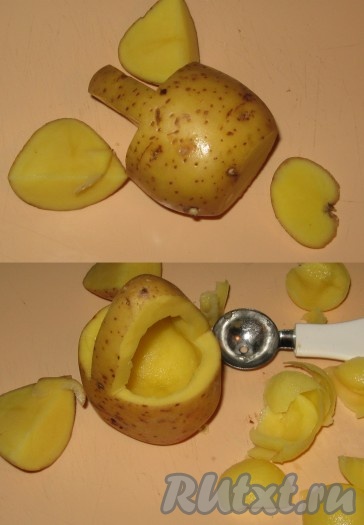 Заготовки "лукошек" можно сделать заранее и хранить в воде в холодильнике. Картофель хорошенько вымыть, обсушить бумажным полотенцем, сделать угловые срезы до середины картофелины (для ручки), и срезать немного дно - для устойчивости картофельных корзиночек.
