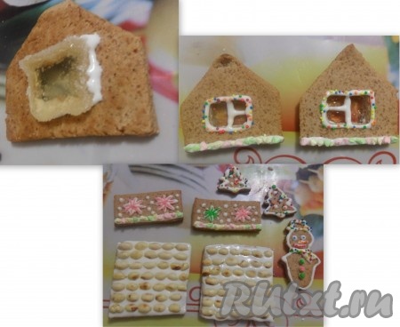 Украшаем. Фигурки домика охладить. С помощью кондитерского мешка (насадка с маленьким отверстием) обводим контуры и рисунки на ваше усмотрение. Украшаем пряники и дадим крему застыть.