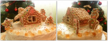 Украшаем торт. Пряничный домик и фигурки закрепляем на торт. Украшаем различными сладостями.